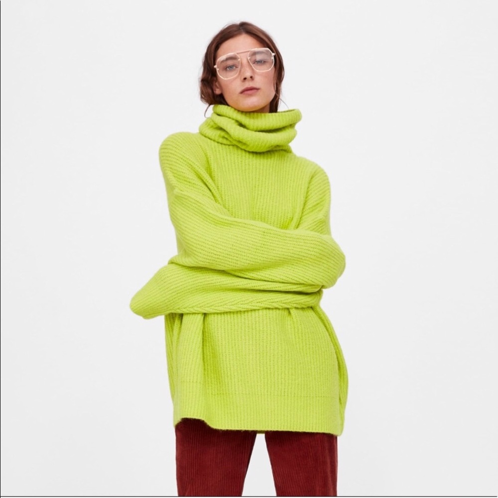 Zara Neon Green Oversized Turtleneck Sweater